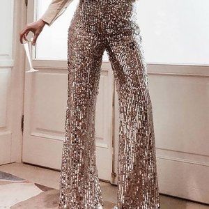 GOLD SEQUIN HIGH WAISTED FLARED PANTS